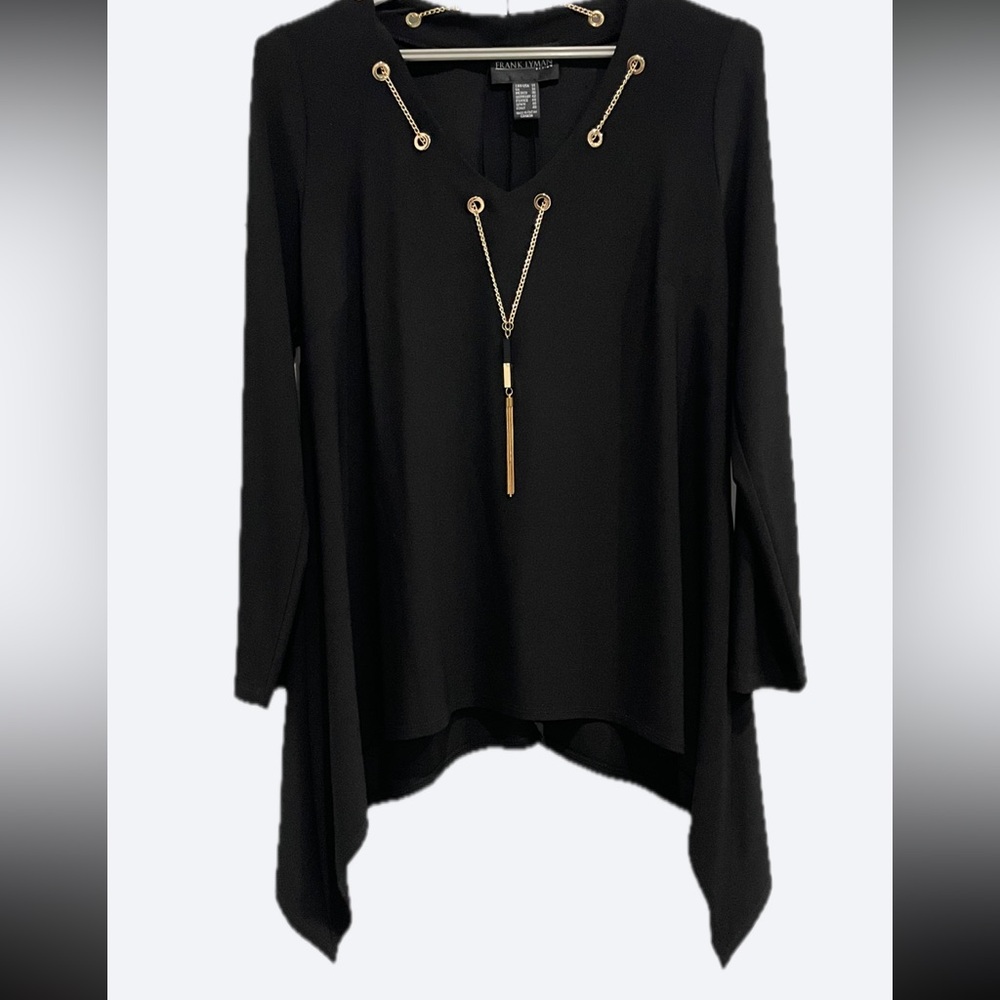 🇨🇦 Frank Lyman Elegant Black Women's Top With Gold Tone Chain Accents 💖 Size 14 - Picture 9 of 13